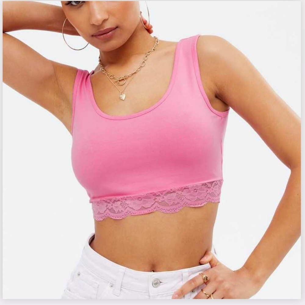 Forever 21 Pink Lace Trim Cropped Tank Top Size Medium Y2K